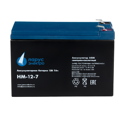 Battery Parus Electro, standard series HM-12-7, voltage 12V, capacity 7.2Ah (discharge 20 hours), max. discharge current (5sec) 105A, max. charge current 2.88A, lead-acid type AGM, terminals F2, LxWxH 151x65x94mm., total height with terminals 100mm., weig