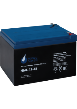 Battery Parus Electro, professional series HML-12-12, voltage 12V, capacity 12Ah (discharge 20 hours), max. discharge current (5sec) 180A, max. charge current 4.8A, lead-acid type AGM, terminals F2, LxWxH 151x98x95mm., full height with terminals 101mm., w