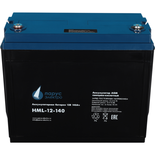 Battery Parus Electro, professional series HML-12-140, voltage 12V, capacity 140Ah (discharge 10 hours), max. discharge current (5sec) 950A, max. charge current 40.2A, lead-acid AGM type, M8 bolt terminals, LxWxH 341x173x283mm., total height with terminal