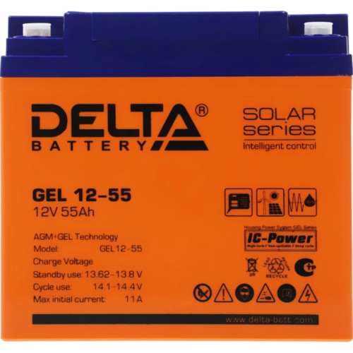 Батарея Vektor Battery серия GEL, GEL 12-55, напряжение 12В, емкость 55 Ач (разряд 10 часов), макс. ток разряда (5 сек.) 550А, макс. ток заряда 11 А, свинцово-кислотная типа GEL, клеммы M6, ДxШxВ 230x140x207мм., вес 16,5 кг., срок службы 13 лет Батарея Vektor Battery серия GEL, GEL 12-55, напряжение 12В, емкость 55 Ач (разряд 10 часов), макс. ток разряда (5 сек.) 550А, макс. ток заряда 11 А, свинцово-кислотная типа GEL, клеммы M6, ДxШxВ 230x140x207мм., вес 16,5 кг., срок службы 13 лет