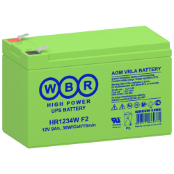Батарея WBR серия HR, HR1251W F2, напряжение 12В, емкость 12.9Ач (разряд 20 часов), 51 Вт/Эл при 15-мин. разряде до U кон. - 1.6 В/Эл при 25 °С, макс. ток разряда (5 сек.) 180А, макс. ток заряда 3.6A, свинцово-кислотная типа AGM, клеммы F2/ Батарея WBR се