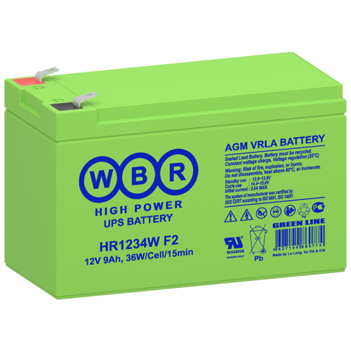 Батарея WBR серия HR, HR1251W F2, напряжение 12В, емкость 12.9Ач (разряд 20 часов), 51 Вт/Эл при 15-мин. разряде до U кон. - 1.6 В/Эл при 25 °С, макс. ток разряда (5 сек.) 180А, макс. ток заряда 3.6A, свинцово-кислотная типа AGM, клеммы F2/ Батарея WBR се