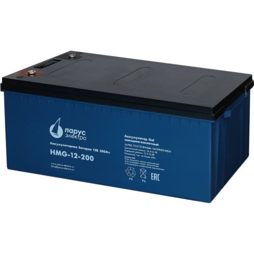 Battery Parus Electro, professional series HMG-12-200, voltage 12V, capacity 200Ah (discharge 10 hours), max. discharge current (5sec) 1000A, max. charge current 60A, lead-acid GEL type, M8 bolt terminals, LxWxH 522x238x218mm, total height with terminals 