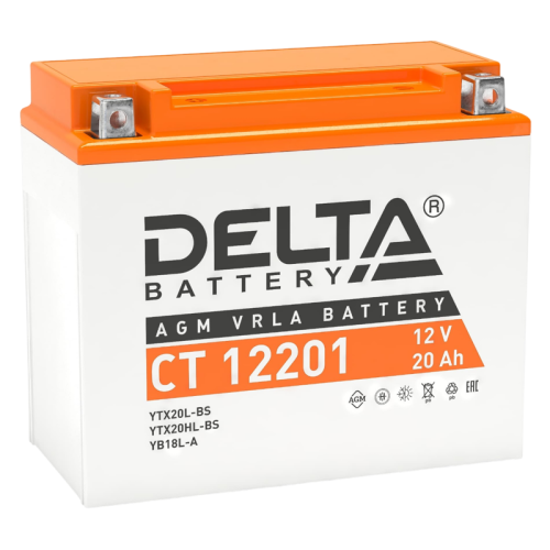 Аккумуляторная батарея для мото-техники/ DELTA серия  CT, CT 12201, напряжение 12В, емкость 20 Ач (разряд 10 часов 10.5 В), пусковой ток: 270А, полярность обратная ( - +),  тип AGM;Pb (свинцово-кислотный), клеммы: BN под болт,  ДxШxВ 177x88x154мм., вес  6