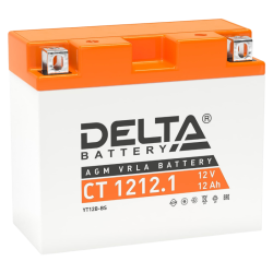 Аккумуляторная батарея для мото-техники/ DELTA серия  CT, CT 1212.1, напряжение 12В, емкость 12 Ач (разряд 10 часов 10.5 В), пусковой ток: 155А, полярность обратная ( - +),  тип AGM;Pb (свинцово-кислотный), клеммы: BN под болт,  ДxШxВ 151x71x130мм., вес  