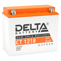 Аккумуляторная батарея для мото-техники/ DELTA серия  CT, CT 1218, напряжение 12В, емкость 20 Ач (разряд 10 часов 10.5 В), пусковой ток: 270А, полярность обратная ( - +),  тип AGM;Pb (свинцово-кислотный), клеммы: BN под болт,  ДxШxВ 177x88x154мм., вес  6,