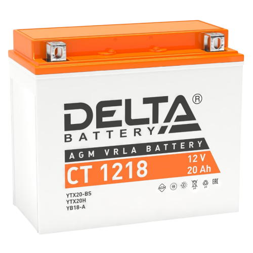 Аккумуляторная батарея для мото-техники/ DELTA серия  CT, CT 1218, напряжение 12В, емкость 20 Ач (разряд 10 часов 10.5 В), пусковой ток: 270А, полярность обратная ( - +),  тип AGM;Pb (свинцово-кислотный), клеммы: BN под болт,  ДxШxВ 177x88x154мм., вес  6,