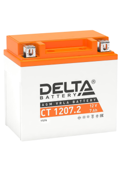 Аккумуляторная батарея для мото-техники/ DELTA серия  CT, CT 1207.2, напряжение 12В, емкость 7 Ач (разряд 10 часов 10.5 В), пусковой ток: 130А, полярность обратная ( - +),  тип AGM;Pb (свинцово-кислотный), клеммы: BN под болт,  ДxШxВ 114x70x108мм., вес  2