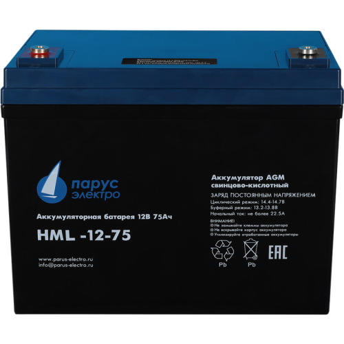 Battery Parus Electro, professional series HML-12-75, voltage 12V, capacity 75Ah (discharge 10 hours), max. discharge current (5sec) 700A, max. charge current 22.5A, lead-acid type AGM, terminals for M6 bolt, LxWxH 258x166x206mm., total height with termin