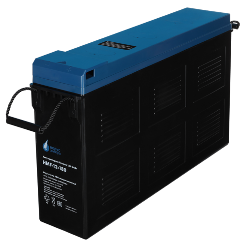 Battery Parus Electro, specialized series HMF-12-180, voltage 12V, capacity 180Ah (discharge 10 hours), max. discharge current (5sec) 900A, max. charge current 54A, lead-acid type AGM, bolt terminals M8, LxWxH 546x125x317mm., total height with terminals 3