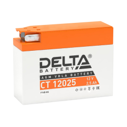 Аккумуляторная батарея для мото-техники/ DELTA серия  CT, CT 12025, напряжение 12В, емкость 2,5 Ач (разряд 10 часов 10.5 В), пусковой ток: 40А, полярность обратная ( - +),  тип AGM;Pb (свинцово-кислотный), клеммы: BN под болт,  ДxШxВ 114x39x87мм., вес  0,