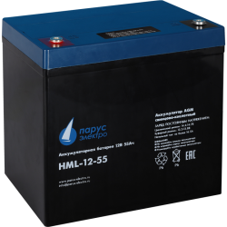 Battery Parus Electro, professional series HML-12-55, voltage 12V, capacity 55Ah (discharge 10 hours), max. discharge current (5sec) 550A, max. charge current 16.5A, lead-acid type AGM, terminals for M6 bolt, LxWxH 229x138x208mm., full height with termina