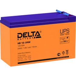 Battery DELTA series HR-W, HR 12-24 W, voltage 12V, capacity 6Ah (discharge 20 hours), max. discharge current (5 sec.) 90A, max. charge current 1.8A, lead-acid type AGM, terminals F2, LxWxH 151x52x94mm., weight 2.18kg., service life 8 years.