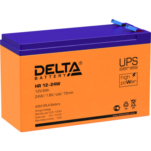 Battery DELTA series HR-W, HR 12-24 W, voltage 12V, capacity 6Ah (discharge 20 hours), max. discharge current (5 sec.) 90A, max. charge current 1.8A, lead-acid type AGM, terminals F2, LxWxH 151x52x94mm., weight 2.18kg., service life 8 years.