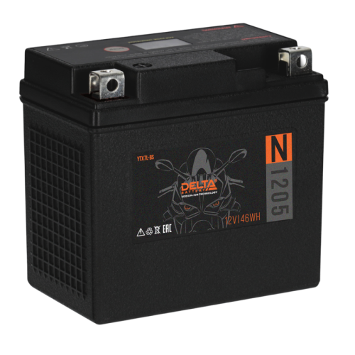 Аккумуляторная батарея для мото-техники/ DELTA серия  N, DELTA N 1205, напряжение 12В, емкость 3,8 Ач (разряд 10 часов 10.5 В), пусковой ток: 300А, полярность обратная ( - +),  тип NaIon (натрий-ионный), клеммы: BN под болт,  ДxШxВ 114x70x106мм., вес  0,6