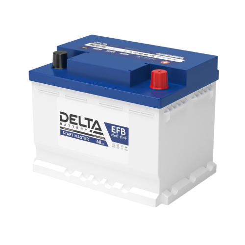 Аккумуляторная батарея для автомобилей/ DELTA серия  START MASTER, DELTA START MASTER 68 Ah EFB, напряжение 12В, емкость 68 Ач (разряд 20 часов; 10.5В), пусковой ток: 700А, полярность обратная ( - +),  тип EFB;Pb (свинцово-кислотный), клеммы: Конус,  ДxШx