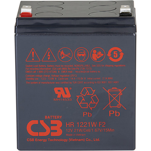 Battery CSB series HR, HR1221W F2, voltage 12V, capacity 21 W/C at 15 min. discharge to U fin. - 1.67 V/Cel at 25°C, (discharge 20 hours), max. discharge current (5 sec.) 90A, short circuit current 249A, max. charge current 2.1A, lead-acid type AGM, termi