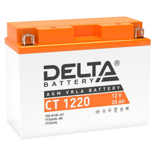 Аккумуляторная батарея для мото-техники/ DELTA серия  CT, CT 1220, напряжение 12В, емкость 20 Ач (разряд 10 часов 10.5 В), пусковой ток: 250А, полярность обратная ( - +),  тип AGM;Pb (свинцово-кислотный), клеммы: BN под болт,  ДxШxВ 204x91x159мм., вес  6,