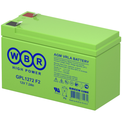 Батарея WBR серия GPL, GPL1272 F2, напряжение 12В, емкость 7.2Ач(разряд 20 часов),макс. ток разряда(5 сек.)130А,макс. ток заряда 2.16A,свинцово-кислотная типа AGM, клеммы F1/F2 Faston Tab,ДxШxВ 151x65x100мм., вес 2.4кг., срок службы до 12 лет в буф/реж./ 