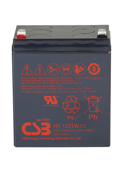 Батарея CSB серия HR, HR1221W F2, напряжение 12В, емкость 5Ач (разряд 20 часов), 21 Вт/Эл при 15-мин. разряде до U кон. - 1.67 В/Эл при 25 °С, макс. ток разряда (5 сек.) 90А, ток короткого замыкания 249А, макс. ток заряда 2.1A, свинцово-кислотная типа AGM