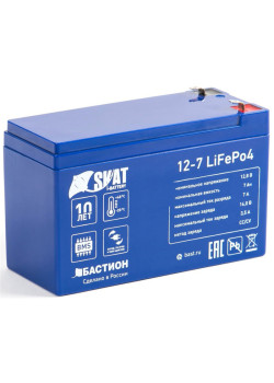 645 Skat i-Battery 12-7 LiFePo4 аккумуляторная батарея, 12 В, 7 Ач Li-Ion АКБ, на базе LiFePo4 элементов IFR 26650, структура 2P4S. Номинальное напряжение 12,8 В, напряжение заряда до 14В, Максимальный ток разряда до 7 А; ток заряда до 3,5А. Встроенная си