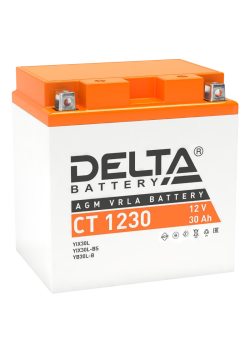 Аккумуляторная батарея для мото-техники/ DELTA серия  CT, CT 1230, напряжение 12В, емкость 30 Ач (разряд 10 часов 10.5 В), пусковой ток: 300А, полярность обратная ( - +),  тип AGM;Pb (свинцово-кислотный), клеммы: BN под болт,  ДxШxВ 168x126x175мм., вес  8