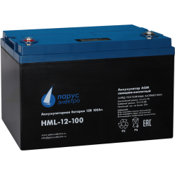 Battery Parus Electro, professional series HML-12-100, voltage 12V, capacity 100Ah (discharge 10 hours), max. discharge current (5sec) 900A, max. charge current 30A, lead-acid AGM type, M8 bolt terminals, LxWxH 330x171x215mm., total height with terminals 