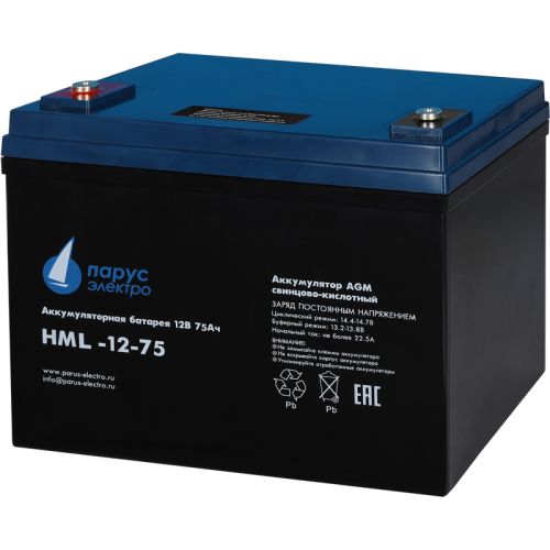 Battery Parus Electro, professional series HML-12-75, voltage 12V, capacity 75Ah (discharge 10 hours), max. discharge current (5sec) 700A, max. charge current 22.5A, lead-acid type AGM, terminals for M6 bolt, LxWxH 258x166x206mm., total height with termin