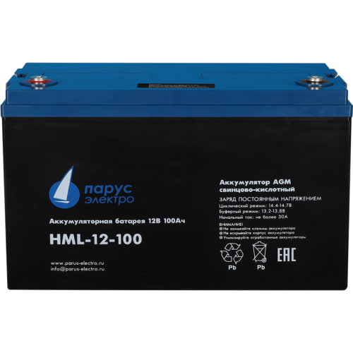 Battery Parus Electro, professional series HML-12-100, voltage 12V, capacity 100Ah (discharge 10 hours), max. discharge current (5sec) 900A, max. charge current 30A, lead-acid AGM type, M8 bolt terminals, LxWxH 330x171x215mm., total height with terminals 