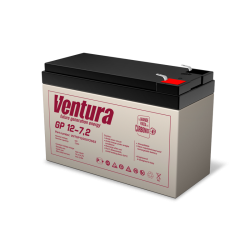 Батарея Ventura серия GP, GP12-7.2, напряжение  12B, емкость 7.2Ач (разряд 20 часов), макс. ток заряда 1.8А,  свинцово-кислотная типа AGM,  клеммы  T2, ДШВ  151х65х100мм, вес 2.15кг/ Ventura battery GP series, GP12-7.2, voltage 12V, capacity 7.2Ah (discha