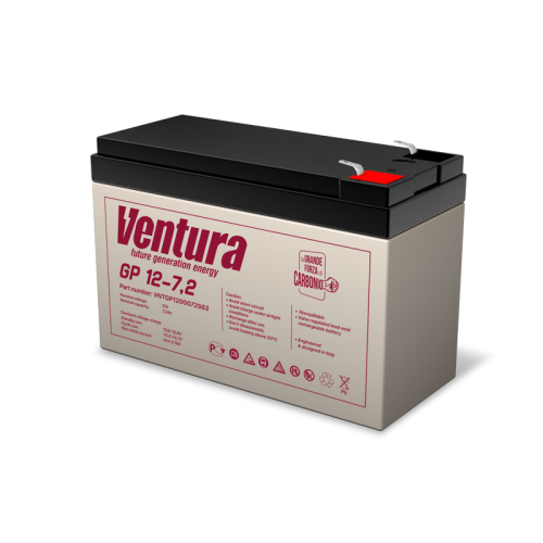 Батарея Ventura серия GP, GP12-7.2, напряжение  12B, емкость 7.2Ач (разряд 20 часов), макс. ток заряда 1.8А,  свинцово-кислотная типа AGM,  клеммы  T2, ДШВ  151х65х100мм, вес 2.15кг/ Ventura battery GP series, GP12-7.2, voltage 12V, capacity 7.2Ah (discha