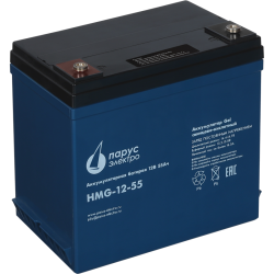 Battery Parus Electro, professional series HMG-12-55, voltage 12V, capacity 55Ah (discharge 10 hours), max. discharge current (5sec) 550A, max. charge current 16.5A, lead-acid GEL type, M6 bolt terminals, LxWxH 239x132x205mm., total height with terminals 