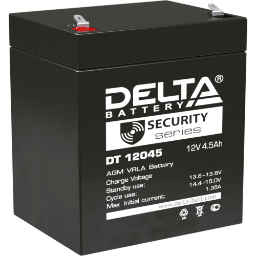 Battery DELTA series DT, DT 12045, voltage 12V, capacity 4.5Ah (discharge 20 hours), max. discharge current (5 sec.) 67.5A, max. charge current 1.35A, lead-acid type AGM, terminals F1, LxWxH 90x70x101mm., weight 1.55kg., service life 5 years.