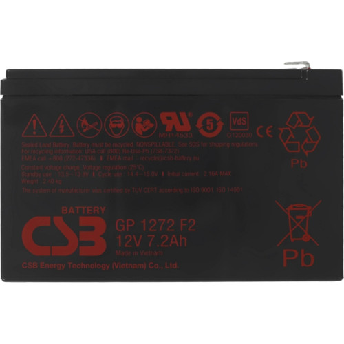Батарея CSB серия GP, GP1272 F2, напряжение 12В, емкость 7.2Ач (разряд 20 часов), макс. ток разряда (5 сек.) 130А, ток короткого замыкания 304А, макс. ток заряда 2.8A, свинцово-кислотная типа AGM, клеммы F2, ДxШxВ 150.9x64.8x98.6мм., вес 2.4кг., срок служ