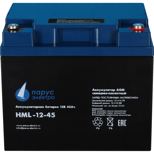 Battery Parus Electro, professional series HML-12-45, voltage 12V, capacity 45Ah (discharge 10 hours), max. discharge current (5sec) 450A, max. charge current 13.5A, lead-acid AGM type, M6 bolt terminals, LxWxH 197x165x170mm., total height with terminals Battery Parus Electro, professional series HML-12-45, voltage 12V, capacity 45Ah (discharge 10 hours), max. discharge current (5sec) 450A, max. charge current 13.5A, lead-acid AGM type, M6 bolt terminals, LxWxH 197x165x170mm., total height with terminals