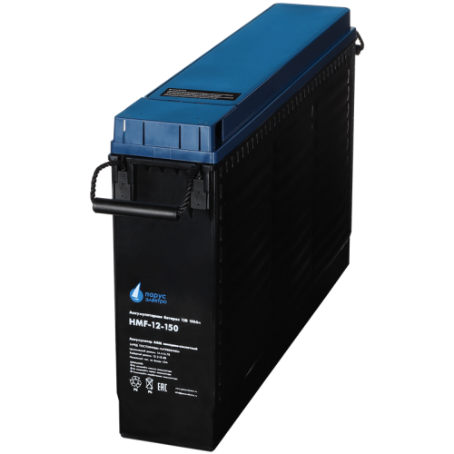 Battery Parus Electro, specialized series HMF-12-150, voltage 12V, capacity 150Ah (discharge 10 hours), max. discharge current (5sec) 1050A, max. charge current 45A, lead-acid type AGM, bolt terminals M8, LxWxH 548x105x316mm., total height with terminals 