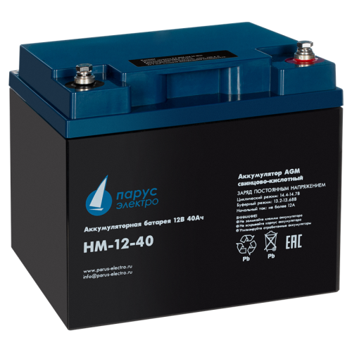 Battery Parus Electro, standard series HM-12-40, voltage 12V, capacity 40Ah (discharge 10 hours), max. discharge current (5sec) 400A, max. charge current 12A, lead-acid type AGM, bolt terminals M6, LxWxH 197x165x170mm, full height with terminals 170mm, we