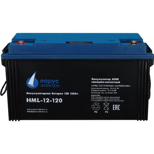 Battery Parus Electro, professional series HML-12-120, voltage 12V, capacity 120Ah (discharge 10 hours), max. discharge current (5sec) 950A, max. charge current 36A, lead-acid AGM type, M8 bolt terminals, LxWxH 410x176x224mm., total height with terminals 