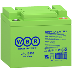 Батарея WBR серия GPL, GPL12450, напряжение 12В, емкость 45Ач (разряд 20 часов), макс. ток разряда (5 сек.) 540А, макс. ток заряда 13.5A, свинцово-кислотная типа AGM, клеммы под болт М6, ДxШxВ 199x166x171мм., вес 14.6кг., срок службы до 12 лет в буф/режим