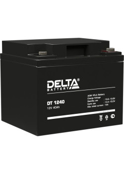 Battery DELTA series DT, DT 1240, voltage 12V, capacity 40Ah (discharge 20 hours), max. discharge current (5 sec.) 530A, max. charge current 12A, lead-acid type AGM, bolt terminals M6, LxWxH 196x166x173mm., weight 12.9kg., service life 7-10 years.