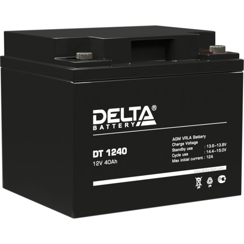 Battery DELTA series DT, DT 1240, voltage 12V, capacity 40Ah (discharge 20 hours), max. discharge current (5 sec.) 530A, max. charge current 12A, lead-acid type AGM, bolt terminals M6, LxWxH 196x166x173mm., weight 12.9kg., service life 7-10 years.