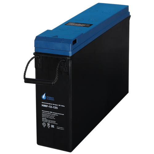 Battery Parus Electro, specialized series HMF-12-125, voltage 12V, capacity 125Ah (discharge 10 hours), max. discharge current (5sec) 950A, max. charge current 37.5A, lead-acid AGM type, M8 bolt terminals, LxWxH 436x108x317mm., total height with terminals