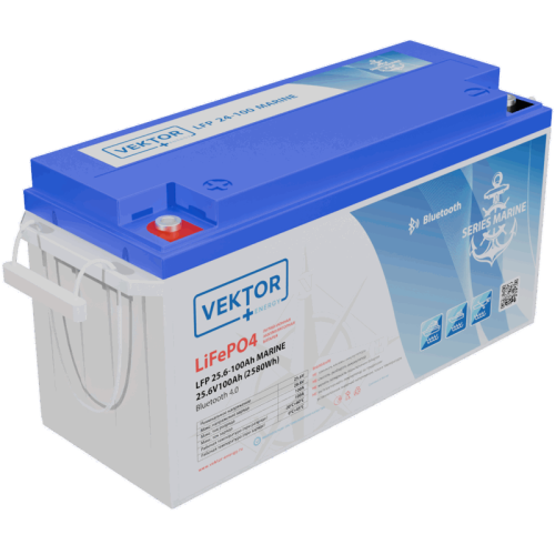 Батарея Vektor Energy серия LFP MARINE, LFP 25.6-100, напряжение 25.6В, емкость 100 Ач, макс. ток разряда 100А, макс. ток заряда 100 А, литий-ионная аккуумуляторная батарея, клеммы M8, ДxШxВ 500*186*240 мм., вес 22 кг., срок службы 20 лет