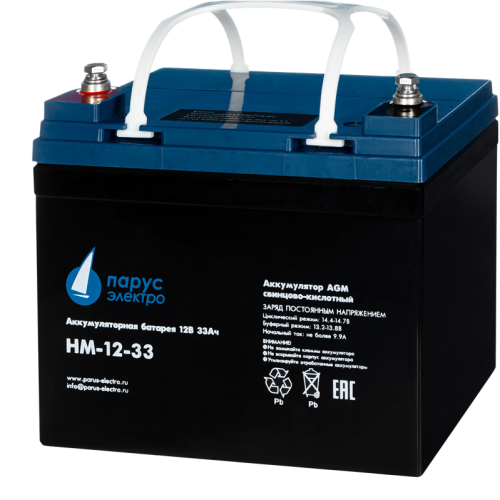Battery Parus Electro, standard series HM-12-33, voltage 12V, capacity 33Ah (discharge 20 hours), max. discharge current (5sec) 330A, max. charge current 9.9A, lead-acid AGM type, M6 bolt terminals, LxWxH 195x130x155mm., total height with terminals 168mm. Battery Parus Electro, standard series HM-12-33, voltage 12V, capacity 33Ah (discharge 20 hours), max. discharge current (5sec) 330A, max. charge current 9.9A, lead-acid AGM type, M6 bolt terminals, LxWxH 195x130x155mm., total height with terminals 168mm.