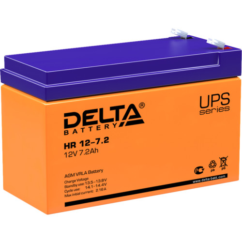 Battery DELTA series HR, HR 12-7.2, voltage 12V, capacity 7.2Ah (discharge 20 hours), max. discharge current (5 sec.) 105A, max. charge current 2.16A, lead-acid type AGM, terminals F2, LxWxH 151x65x94mm., weight 2.5kg., service life 8 years.