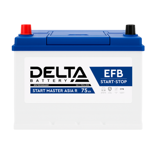 Аккумуляторная батарея для автомобилей/ DELTA серия  START MASTER EFB Asia , START MASTER EFB 75 Ah Asia (с бортом) R, напряжение 12В, емкость 75 Ач (разряд 20 часов; 10.5В), пусковой ток: 700А, полярность прямая ( + -),  тип EFB;Pb (свинцово-кислотный), 