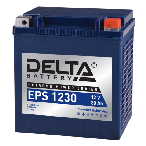 Аккумуляторная батарея для мото-техники/ DELTA серия  EPS, EPS 1230, напряжение 12В, емкость 30 Ач (разряд 10 часов 10.5 В), пусковой ток: 360А, полярность обратная ( - +),  тип AGM;GEL (гелевый), клеммы: M06,  ДxШxВ 166x130x175мм., вес  9,83кг