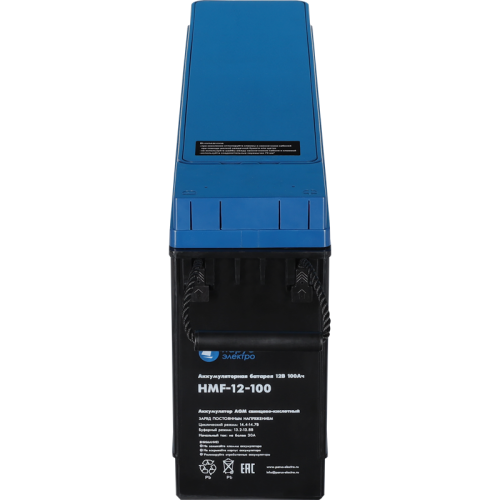 Battery Parus Electro, specialized series HMF-12-100, voltage 12V, capacity 100Ah (discharge 10 hours), max. discharge current (5sec) 900A, max. charge current 30A, lead-acid type AGM, bolt terminals M8, LxWxH 508x110x231mm., total height with terminals 2