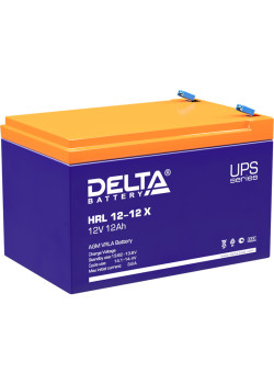 Батарея DELTA серия HRL-X, HRL 12-12 X, напряжение 12В, емкость 12Ач (разряд 10 часов),  макс. ток разряда (5 сек.) 160А, макс. ток заряда 3.6А, свинцово-кислотная типа AGM, клеммы F2, ДxШxВ 151х98х95мм., вес 3.85кг., срок службы 12 лет./ Battery DELTA se