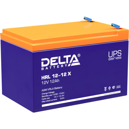Battery DELTA series HRL-X, HRL 12-12 X, voltage 12V, capacity 12Ah (discharge 10 hours), max. discharge current (5 sec.) 160A, max. charge current 3.6A, lead-acid type AGM, terminals F2, LxWxH 151x98x95mm., weight 3.85kg., service life 12 years.